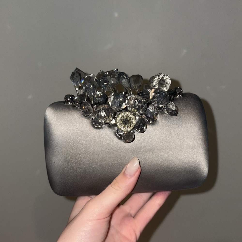 Prada Spazzolato Silver Crystal Embellished Clutch